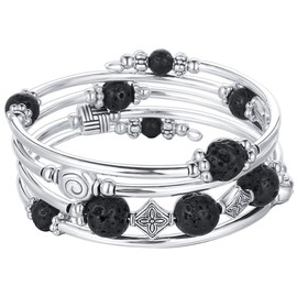 Beaded Pearl Bangle Wrap Bracelet - Fashion Bohemian Jewelry Multilayer Charm Bracelet with Thick Silver Metal Beads, Gift For Women(Lava Bracelet)