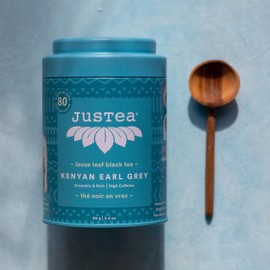 JusTea KENYAN EARL GREY | Loose Leaf Black Tea | Tin with Hand Carved Tea Spoon | 40+ Cups (90g) | High Caffeine | Award-Winning | Fair Trade | Non-GMO