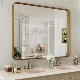 LOAAO 40X24 Inch Bathroom Mirror with Wood Grain Colored Metal Frame, Rounded Rectangle Metal Framed Bathroom Mirror, Anti-Rust, Hangs Horizontally or Vertically