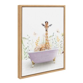 Kate and Laurel Sylvie Giraffe In Spring Bath Framed Canvas Wall Art by Amy Peterson Art Studio; 18x24 Natural; Whimsical Animal Art for Wall