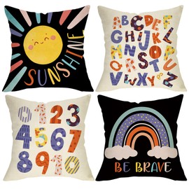 Fjfz Back to School Classroom Decorative Throw Pillow Covers 18 x 18 Set of 4, Sun Rainbow ABC Alphabet Number Learning Kids Educational Nursery Home Decor, Inspirational Playroom Couch Cushion Case