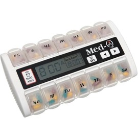 Med-Q Weekly Pill Organizer with Alarms | Automatic Digital Pill Box with AM/PM Compartments, Flashing Light & Loud Beeping Alerts | 7 or 14 Day Medication Reminder for Seniors and Adults - White
