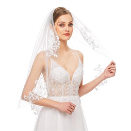Andibro Short Wedding Bridal Veil, Rhinestone Veil, Elegant Bridal Tulle with Comb Elbow Length Wedding Veil Flower Embroidery Veil for Women Wedding Accessories Party Single Party, White