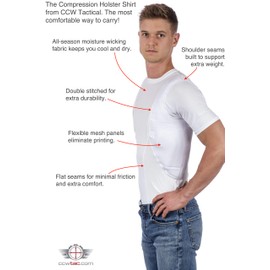 CCW Tactical Concealed Carry Holster Shirt | Secure Hook & Loop Pocket with Large Storage | All Season Moisture Wicking Compression Shirt | Mens Crew, White L