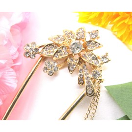 Miaomyao Hair Ornament, Kinkzashi, Hair Ornament, Kimono, Sleeve Closure, Metal, Antique Crystal Flower, Cubic Zirconia, U-shaped Comb, Hair Accessory (Gold)