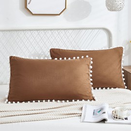 Brown Pom Poms Pillowcases, Standard Queen Size Pillow Cases Set of 2, 100% Washed Microfiber,Coffee Ball Fringe Pillow Cover, 2 Pack