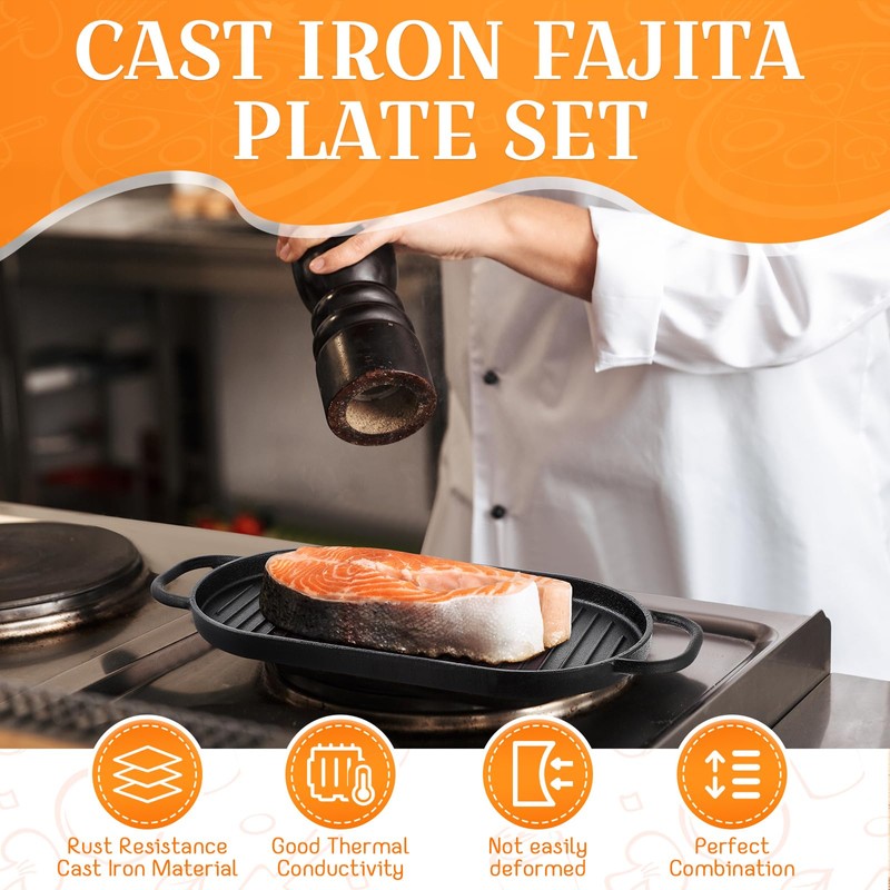 Yiyiring 2 Sets Cast Iron Fajita Skillet Pan Set Sizzling