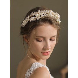 Xerling Pearl Tiara Headband Layered Hair Band Bride Wedding Elegant Hair Accessory Bridal Jewelry for Women (Silver)