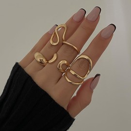 ANGLEQUEEN Gold Chunky Rings Set for Women Open Stacking Knuckle Ring Gold Adjustable Round Dome Ring Set Minimalist Irregular Statement Rings Jewelry (Gold4)