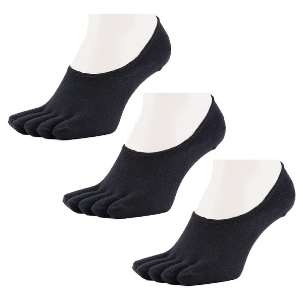 Asuka Men's Women's 5 Toe Socks, Non-Skid Heel Backing, 100% Cotton, Ankle Length, black 3 pairs