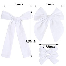 4 PCS White Cotton Linen Hair Bows for Toddler Girls, 3 Styles 5" & 3.5" Handmade Hair Bow Set Hair Accessories for Little School Girls
