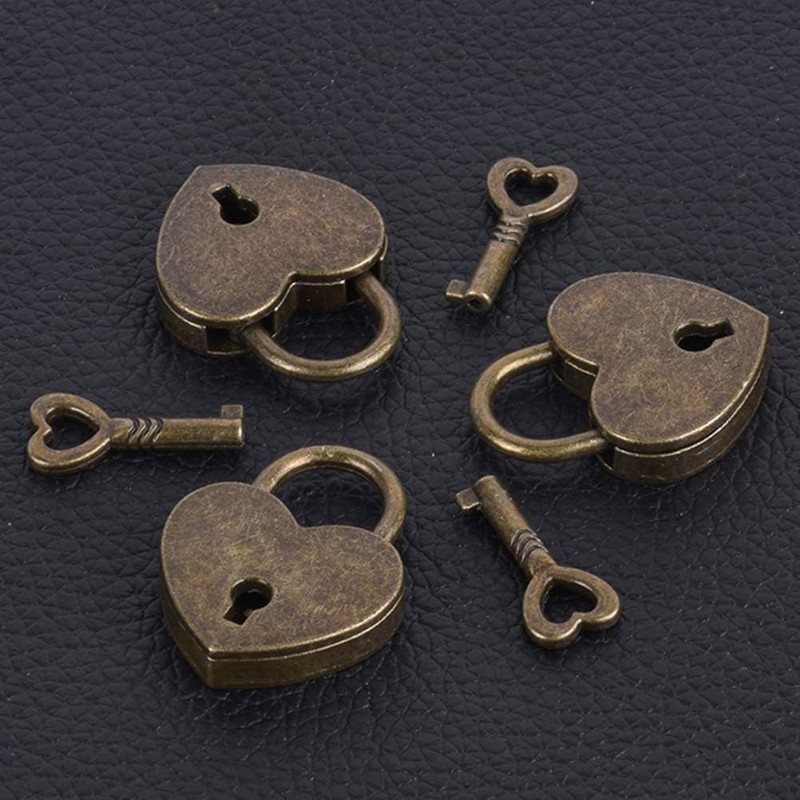 Antique Brass Heart Shape Padlock, Key Lock, Bronze, Padlock, Travel,