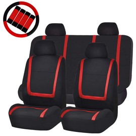 FH Group FB032114 Unique Flat Cloth Car Seat Covers w. Steering Wheel Cover and seat Belt Pads, Red/Black Color- Fit Most Car, Truck, SUV, or Van