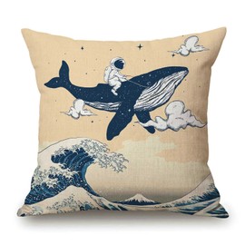 Solekla Ocean Wave Outdoor Throw Pillow Cover Astronauts Riding Whales in Ocean Wave Decorative Pillows Farmhouse Cushion Cases Home Decor for Couch 18x18 inch