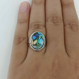 Navya Craft Abalone-Muschelstein-Silberring, Größe 18,5 | 925 Sterling Silber Handgefertigter Statement-Versprechensring für Frauen | Natürlicher Edelstein Boho Schmuck | Geschenk für Sie