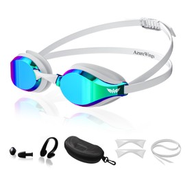 AzureWings Swim Goggles for Men Women – No Leak Anti-Fog UV HD Wide Vision, Racing & Swimming Goggles White-Electroplate Mirror Lens