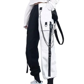 Patchwork Pants Black and White Baggy Cargo Pants with Chain Kpop Fashion Emo Gothic Clothes for Women