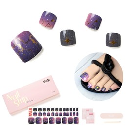 NAILOG Foot Semi-Hardened Gel Nail Stickers (32 Pieces), Foot Nail Seal Hardening Type, Long Lasting, Salon Quality, Nail Stickers, Nail Kit, Beautiful Gloss, Purple, Purple | Constellation