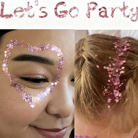 Go Ho Pink Face Body Glitter Gel,Pink Face Paint Makeup Holographic Chunky Sequins Glitters for Hair,Nails,and Lip,Long-Lasting Hair Glitter with Sequins,52g