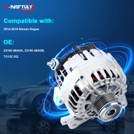 A-NAFTULY Alternator Fits for Nissan Rogue 2014 2015 2016 2017 2018, High Output Alternator Replacement 23100-4BA0A, 23100-4BA0B, TG12C152, 120Amp, Internal Fan Type, 6-Groove, CW, Internal Regulator