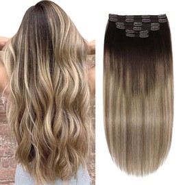 Clip in Hair Extensions, Balayage Color Brown to Dirty Blonde Real Human Hair Extensions Soft Natural 6 Pcs 100 Grams Remy Hair Clip in Hair Extensions 16inch #2/6/18