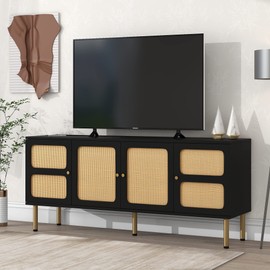 Merax Boho Style TV Stand with Rattan Door, Woven Media Console Table for Television Up to 70”, Country Style Design Side Board with Gold Metal Base for Living Room, Black