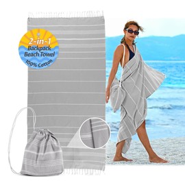 CalmyBEACH 2-in-1 Hammam Towel Backpack Beach Towel Bath Towel - 100% Cotton Hamam Beach Towel 180 x 90 cm Cotton Towel for Men and Women Yoga Towel Travel Towel (Grey)