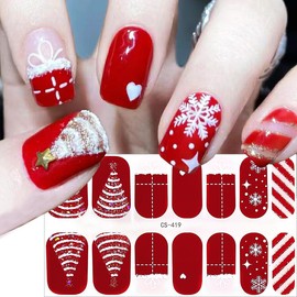 5 Sheets Christmas Gel Nail Stickers Snowflake Nail Polish Strips Self-Adhesive Glitter Christmas Tree Elk Snowflake Designs Full Warp Cute Xmas Stickers Winter Nail Gel Strips for Women Acrylic Nails
