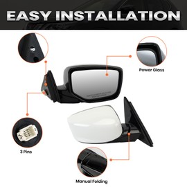 Right Passenger Side Mirror Compatible with Honda Accord 2008 2009 2010 2011 2012 Power Manual Folding Non-Heated Door Mirrors White 3 Pins
