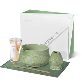 ZENS 5Pcs Japanese Matcha Set, Matcha Tea Ceremony Kit Includes Bamboo Whisk and Ceramic Bowl & (Chasen Holder) Scoop, Towel for Matcha Lovers Gift, Making Latte, Emerald Green