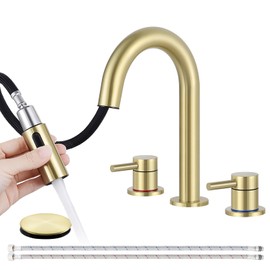 FGKQ Brushed Gold Bathroom Faucet with Pull Down Sprayer 2 Modes, 8 Inch Pull Out Bathroom Faucet, Faucet for Bathroom Sink Faucet, Bathroom Faucet 3 Hole with Pop-Up Drain 2 Handle