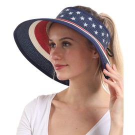 Women Patriotic Sun Visors Foldable Straw Ponytail Hat Summer Beach USA American Flag Packable Hats Floppy Wide Brim Cap Deep Style, Adjustable Size UV Protection for Hiking Accessories