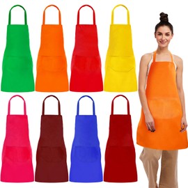 EOGRFW Pack of 8 Cooking Aprons, Adjustable Aprons, Kitchen Apron with 2 Pockets, Washable Aprons, BBQ Aprons, Bib Aprons for Men and Women, Kitchen, Restaurant, Cafe, Gardening, Painting, 8 Colours,