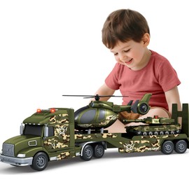 SpringFlower Army Truck Boy Toys, 3 4 5 6 Vehicle Car Toy Brithday Gifts, 3 in 1 Extra Large Transport Truck with Helicoper and Tank Lights Sounds