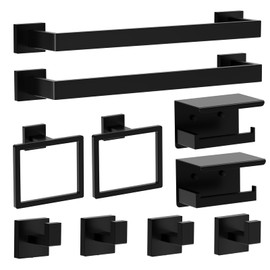 Einvv Matte Black Bathroom Hardware Set, 10-Piece Stainless Steel Bathroom Accessories with Double 24" Towel Bars, 2X Toilet Paper Holders with Shelves, 4X Towel Hooks, 2X Towel Rings