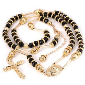 L & L Nation Gold & Black Tone 39" Glass Beaded Chain Jesus Rosary Cross Pendant w/Prayer Hands Charm Necklace…