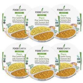 Food Earth Ready to Eat Indian Cuisine - Five Lentil Curry with Turmeric Rice - Microwavable, Pre-packaged & Lunchable- Organic, Vegan, Gluten-Free, GMO-Free, Plant-Based - 10.58 oz each - Pack of 6