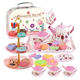 JurciCat 46 Pieces Tea Set Children's Tea Set Play Kitchen Accessories Carry Case with Dessert Toy with Cups Plates and Accessories Tea Party for Gift Girls Toy 3-9 Years