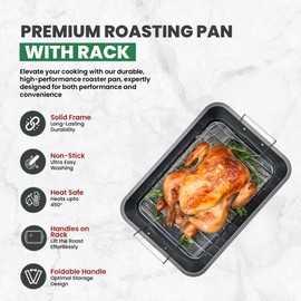 Roasting Pan With Rack 11" x 15" - Non Stick Large Roaster Pan and Flat Rack with Foldable Handles - Roasting Pans for Ovens to Elevate Food for Even Heating - Dishwasher Safe Turkey Roast Pot