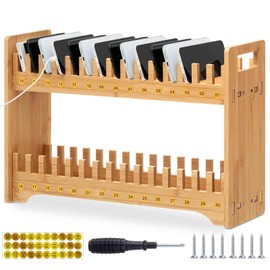 Cinnvoice Bamboo Cell Phone Holder Classroom Heavy Duty Widened 30 Slots 2-tier Wooden Cell Phone Storage Organizer Rack with 1-30 Number Stickers, Screwdriver and Screws for Classroom Office Desktop