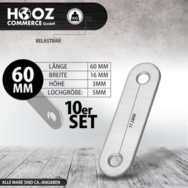 Euro Tische Flat Connector Stainless Steel Perforated Sheet 60 mm for Indoor and Outdoor Use, Wood Connector Galvanised for Hardwood Construction and Wooden Railings, Pack of 10 (1 Pack)