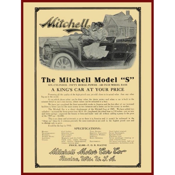 1910 Mitchell Motor Co NEW Metal Sign: Model S Automobile