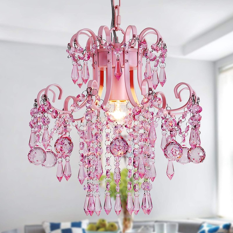 Q&S Mini Crystal Chandelier, Modern Pink Chandelier,Small Hanging Light Fixture