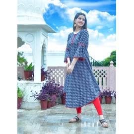 Yash Gallery Women's Cotton Round Neck Calf length Bell Sleeve Anarkali Kurta Dress with Pom Pom for Valentine’s Day, Blue, X-Large