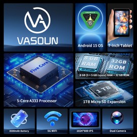 VASOUN 7-inch Android 15 Tablet,8GB(3+5GB Expand) RAM,32GB Storage,Expand to 1TB,5GHZ WIFI,Five Core, IPS Screen,Dual Camera, Bluetooth, Lightweight Tablets PC,Type-C,Black
