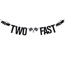 Black Glitter Two Fast Banner, Race Car Happy 2nd Birthday/Cheers to 2 Years, Funny Second Birthday Party Decorations Supplies for Baby Girls Boys Kids