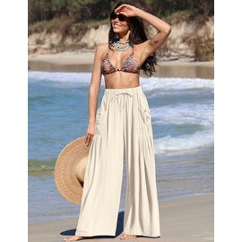 TARSE Women Linen Palazzo Pants Summer Wide Leg Boho Drawstring Casual Lounge Pant Beach Travel Vacation Outfits LightApricot, L