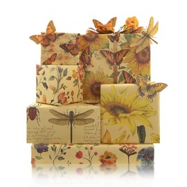 Vintage Style Boho Sunflower Butterfly Dragonfly Beetle Floral Wrapping Paper with 22m Silk Ribbon 6 Sheets 50x70cm Wrapping Paper for Spring Summer Bridal Shower Birthday