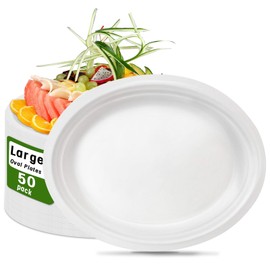 VEIZEDD 50 PCS White Plates | Compostable Oval Paper Plates 12 Inch | Heavy Duty Disposable Plates Eco Friendly Large Platters Bagasse Plates for BBQ, Picnic, Parties, Home,Thankgiving Christmas