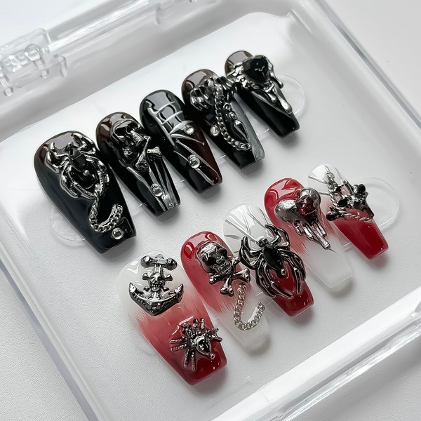 Luxury Halloween Press on Nails Medium Coffin Handmade 3D Unique